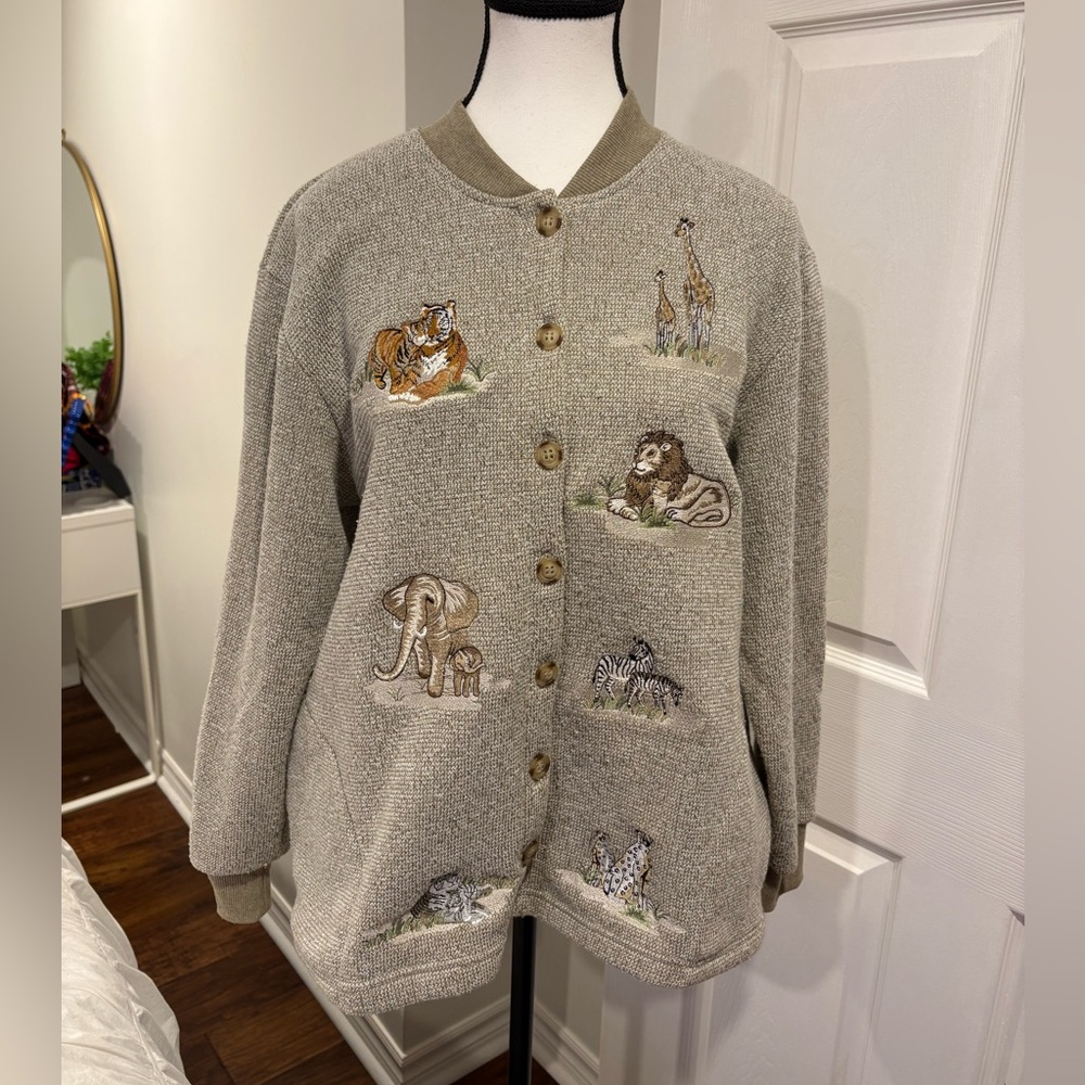 Vintage Safari Animal Embroidered Cardigan Lion Zebra Giraffe Sweater
